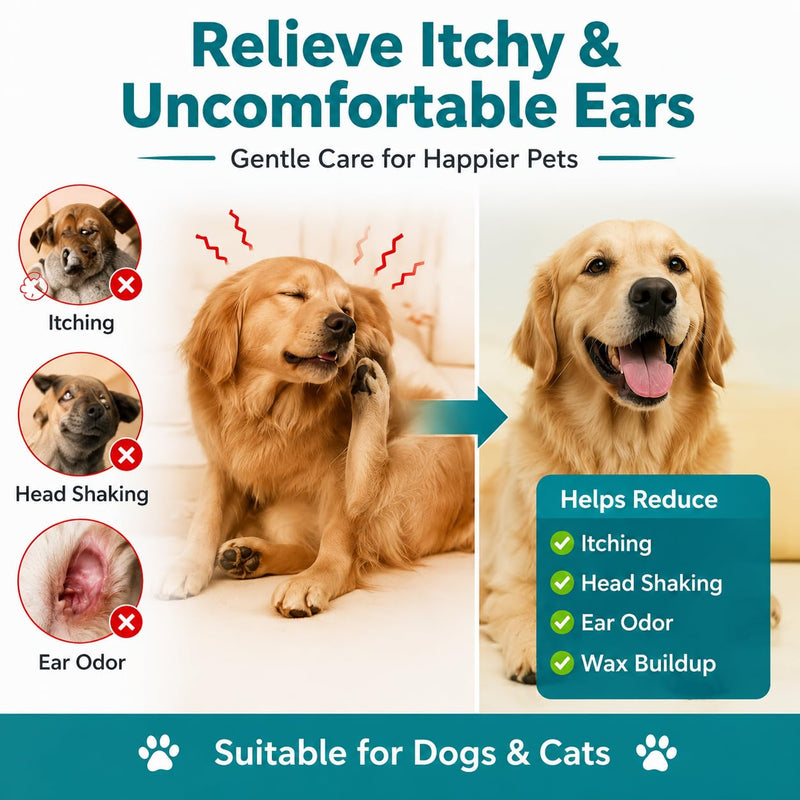 Pet Ear Drops for Dogs & Cats, Ear Cleaner for Dogs, Cat Ear Cleaning Solution for Itchy Ears, Wax Buildup, Odor Removal & Ear Infection Relief, Gentle Pet Ear Care Treatment, 2 Fl Oz (60ml) Green