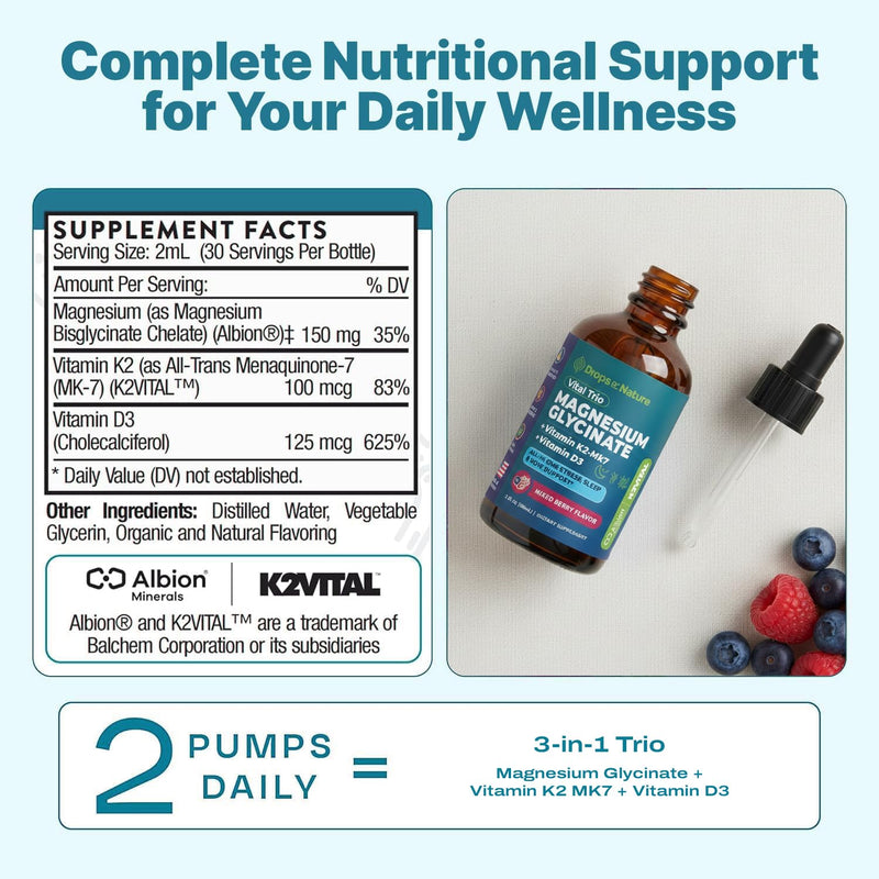 Drops Of Nature Magnesium Glycinate with Vitamin D3 K2 - Mixed Berry, 60 mL | Mineral & Vitamin Supplement Blend with Magnesium Bisglycinate & Vit D3 K2 MK-7, Calm & Bone Support, Vegan, Easy to Absorb