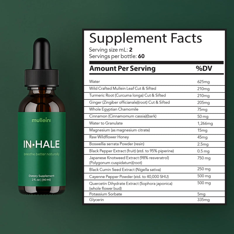 mullein Inhale Drops for Lungs: 2oz. Instant Cooling Herbal Tincture, Vitamin C, Vitamin B6, Leaf Extract for Lungs - Eliminate Mucus, Refresh Airways, Power-Up Immunity, Serving Size 2ml