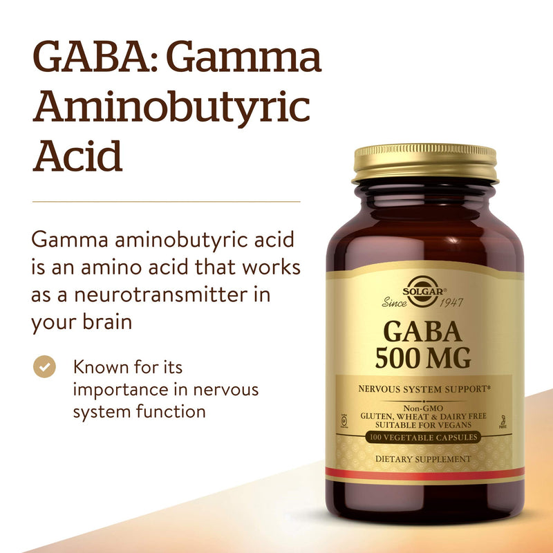 Solgar GABA 500 mg, 100 Vegetable Capsules, Nervous System Support | Amino Acid - Non-GMO, Relaxation, Vegan, Gluten Free, Dairy Free, Kosher - 100 Servings