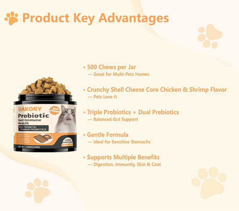 Cat Probiotics Tasty Chews –500 Chews Crunchy & Creamy Texture, with Fish Oil Omega-3 Skin & Coat Health Digestive & Gut Support, Constipation Relief, Healthy Stool, Chicken Flavor with Cheese Center