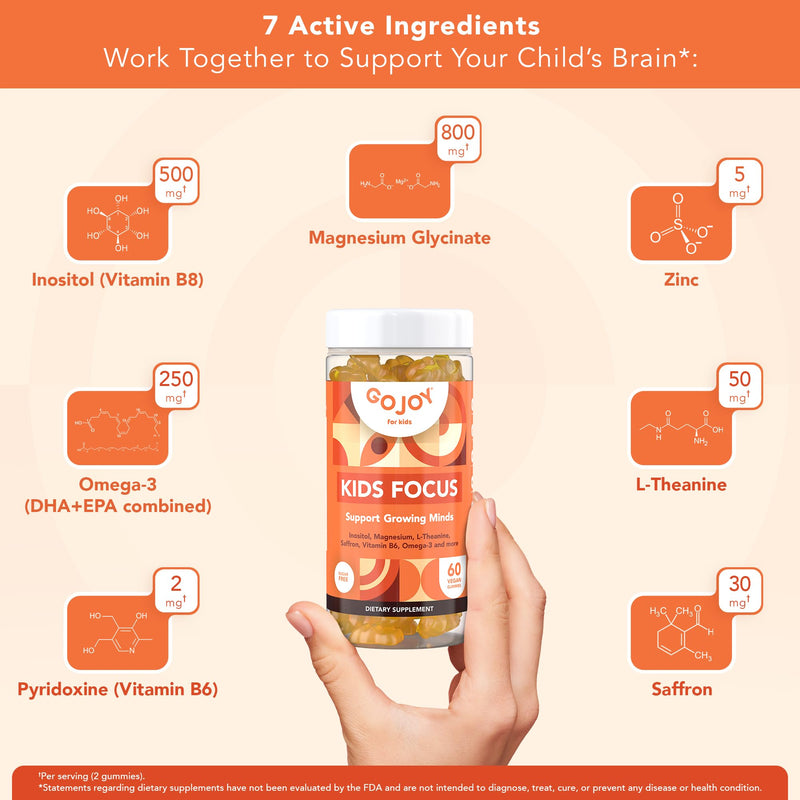 GOJOY NATURALS Kids Focus Gummies – Saffron, Magnesium Glycinate, L-Theanine & Inositol Supplement for Kids & Teens – Focus, Attention & Calm – Vegan, Sugar-Free, Non-GMO 1