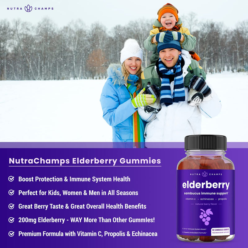NutraChamps Elderberry Gummies, Sambucus Elderberry Gummies for Adults & Kids, Vitamin C, Propolis & Echinacea, Max Strength Immune Support Gummies, Natural Berry Flavor, 120 Gummies (Pack of 2) 60 Count (Pack of 2) Elderberry Gummies (2 Pack)