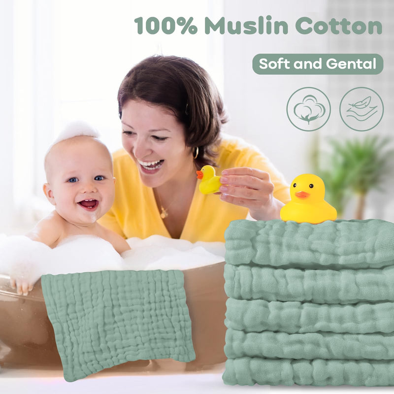 Yoofoss Muslin Baby Washcloths 100% Cotton Face Towels 10 Pack Wash Cloths for Baby 12x12in Soft and Absorbent Baby Wipes (Dark Green) Dark Green - BeesActive Australia