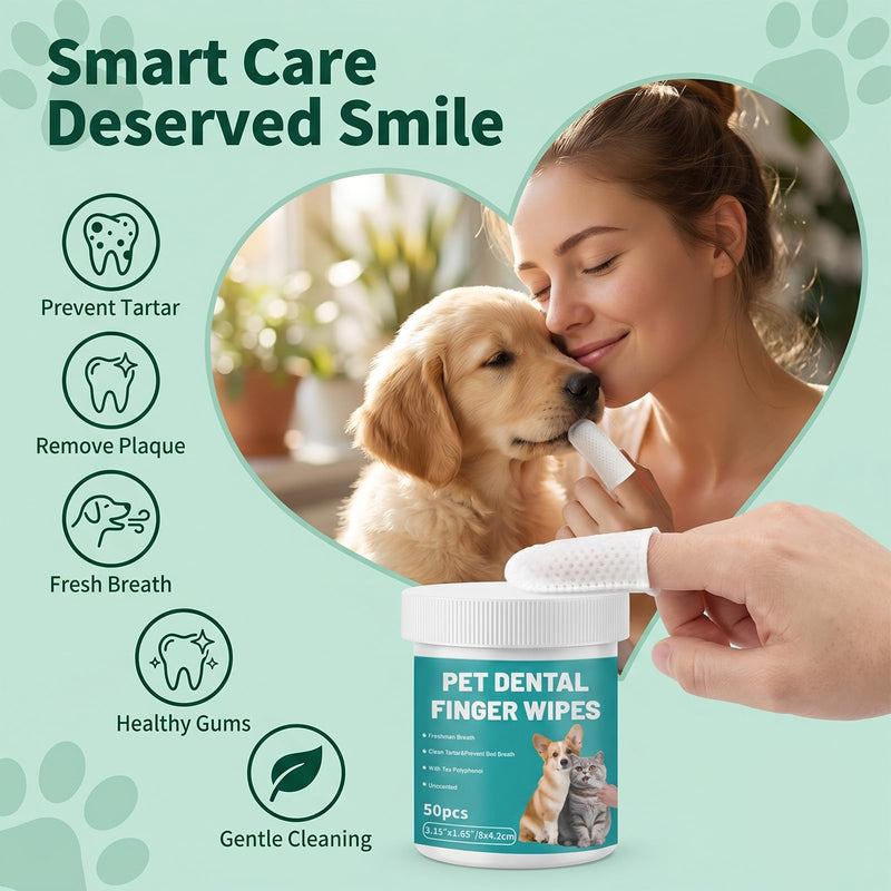 FunnAura 100 Pcs Natual Pet Dental Cleaning Finger Wipes, Plant-Based Disposable Cat Dog Teeth Cleaning Finger Pads for Freshens Breath, Soothes Gums & Tartar Remover