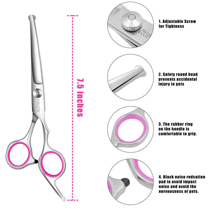 TOPGOOSE Dog Grooming Scissors Set, Safety Round Tip Grooming Tools 6 Piece Kit for Pets Dogs Cats Full Body - Professional Curved Thinning Straight Scissors Comb (Pink) Pink - BeesActive Australia