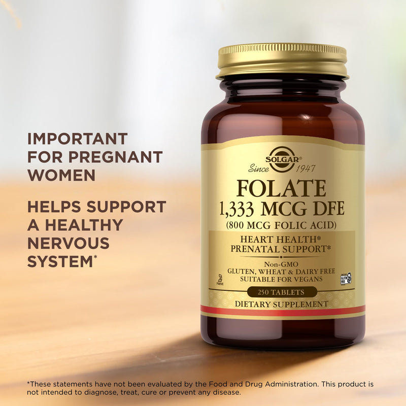 Solgar Folate 1,333 mcg DFE (Folic Acid 800 mcg) - 250 Tablets, Pack of 2 - Prenatal Support - Non-GMO, Vegan, Gluten Free, Dairy Free, Kosher, Halal - 500 Total Servings