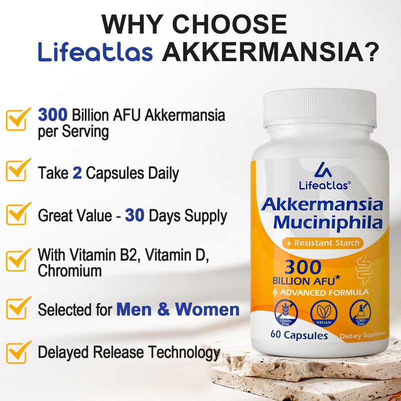 300 Billion AFU, 6-in-1 Akkermansia Probiotics for Women & Men, 60 Count | Akkermansia Muciniphila, Daily Akkermansia Probiotic for Digestive, Gut, Immunity, Gut, Lining Function & Intestinal Walls 60 Count (Pack of 1)