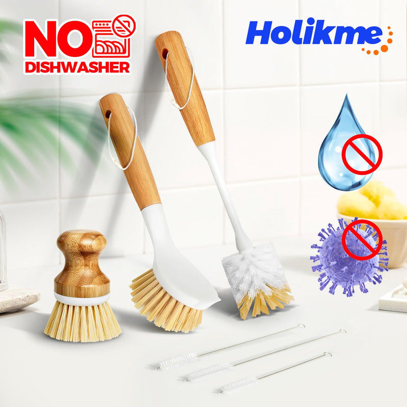 Holikme 6 Pack Dish Brush Scouring Pad Set with Bottle Brush, Dish Brush, Palm Scrub Brush and Straw Brush, Dish Scrubber Long Handle for Dish Bottle Cup Skillet Wok Pot Pan Cast Iron, Yellow - BeesActive Australia