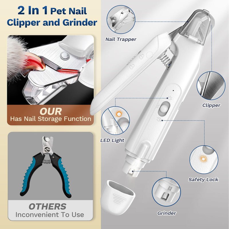 2-in-1 Dog & Cat Nail Clipper with Grinder - Dual Highlight LED Reduce Over-Trimming, Long Battery Cordless USB-C Rechargeable, Safety Lock & Catcher Cap, Quiet Home Grooming for Small Large Pets White