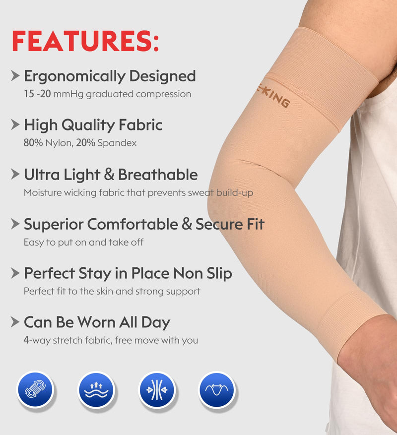 KEKING® Lymphedema Compression Arm Sleeves for Men Women (Pair), No Silicone Dot, 15-20 mmHg Compression Full Arm Support for Lipedema, Edema, Post Surgery Recovery, Swelling, Pain Relief, Beige S Small (1 Pair) 15-20mmhg Beige (Non Silicone Dot)