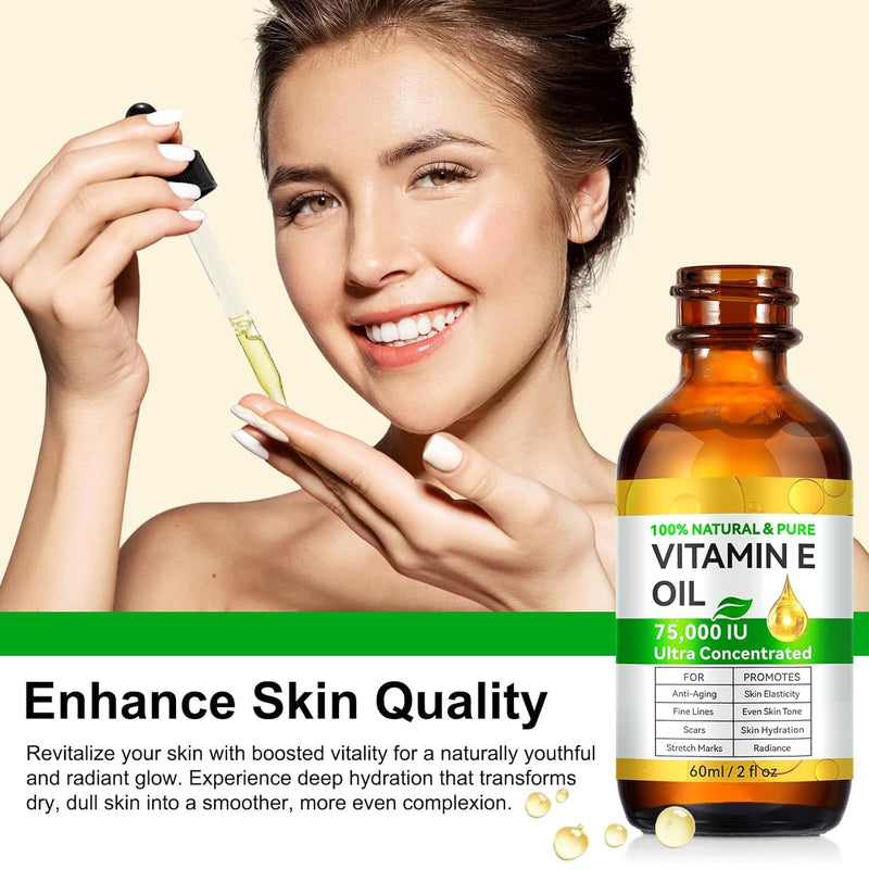 Vitamin E Oil 75,000 IU - 100% Natural and Pure Vitamin E Oil for for Plump Skin, Reduce Fine Lines & Scars, Moisturizing Skin, for Skin, Scars, Face & Full Body-2 Fl Oz