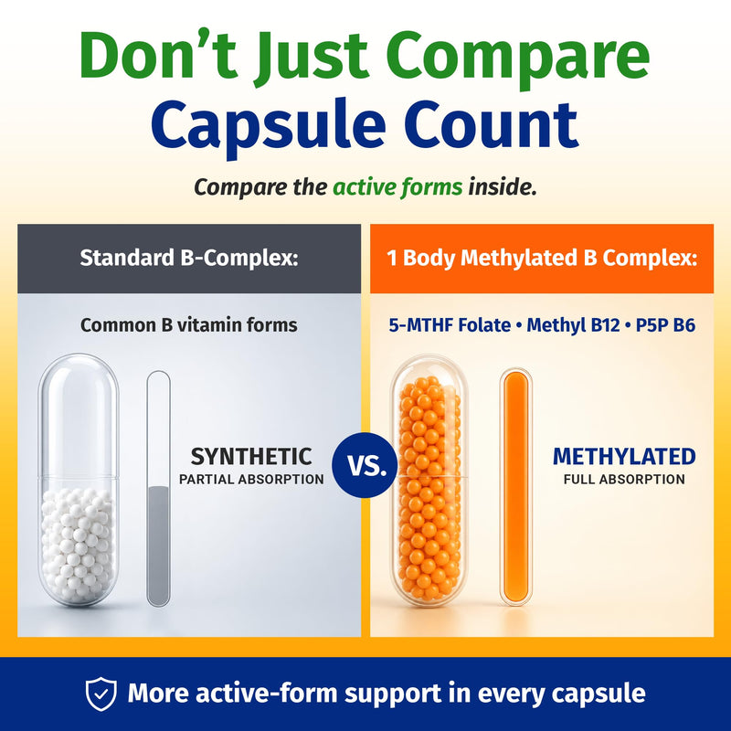 1 Body Methylated Vitamin B Complex, 5-MTHF & Methyl B12, 60 Capsules | 5-MTHF, Methyl B12 60 Count (Pack of 1)