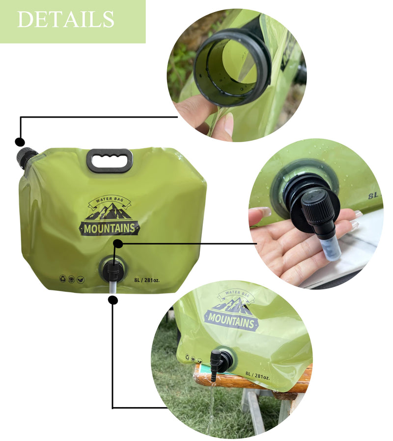 Prudance 2PCS 8L Lightweight Foldable Water Bag - Portable BPA-Free Water Storage with Leakproof Tap for Camping, Hiking, Backpacking and Emergency Prep (Green)
