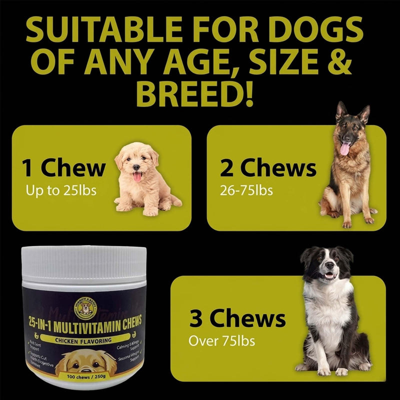 MEADOWS & MUTTS 25-in-1 Dog Multivitamin Chews – Daily Dog Vitamins & Supplements with Glucosamine, MSM, Omega-3 & Probiotics for Joint, Skin & Coat, Digestion & Immune Support, 100 Count