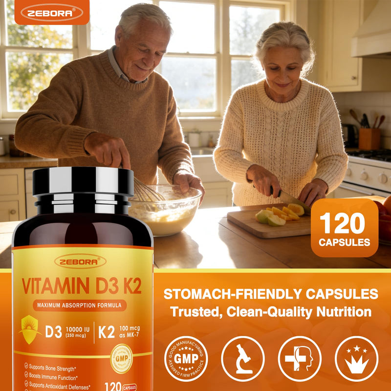 ZEBORA Vitamin D3 K2, 10,000 IU D3 & 100mg K2, 120 Capsules | K2 as MK-7, Supports Heart, Bone, and Immune Health and Antioxidant Defenses, Gluten Free and Non-GMO Formula 120 Count (Pack of 1)