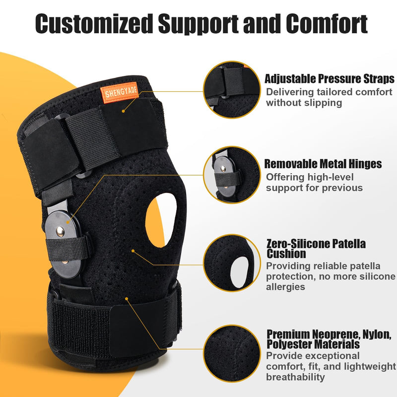 Hinged Knee Brace, Adjustable Knee Support Wrap for Men and Women, Pain Relief Swelling and Inflammation, Patellar Tendon Support Sleeve for Helping Relieve Strains, Sprains, ACL and MCL Injuries (Medium) Medium
