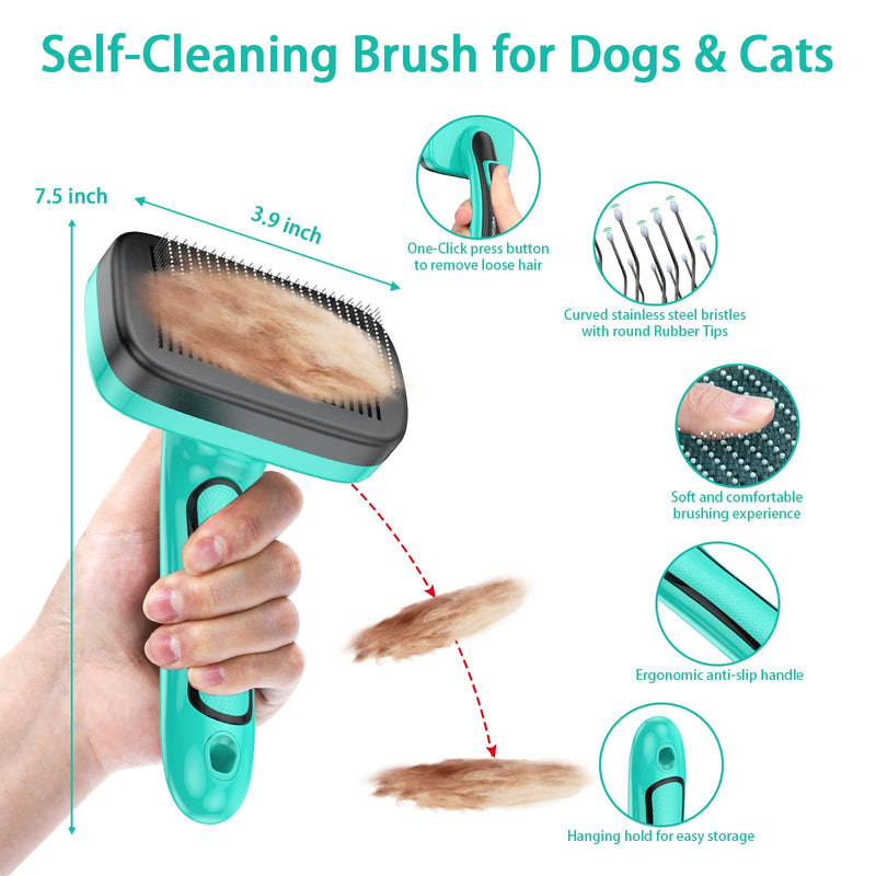 Dog Brush Kit for Grooming Short & Long Haired Dogs & Cats, 5 in 1 Pet Grooming Set for Small Animals, 5 PCS Puppy Self-Cleaning Slicker Brush and Pet Comb for Shedding Medium & Large Dogs Green 5 PCS - BeesActive Australia