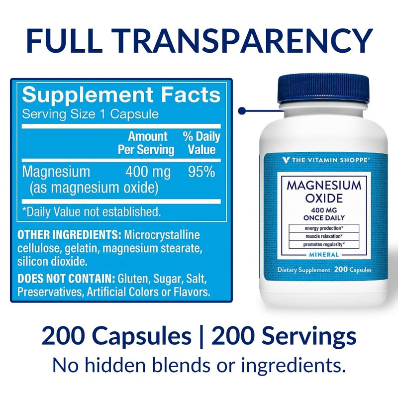 The Vitamin Shoppe Brand Magnesium Oxide 400 mg, Bone Support, 200 Count | Daily Magnesium Mineral for Muscle Relaxation, Bone Health & Energy Production Support for Men & Women, Dairy & Gluten Free