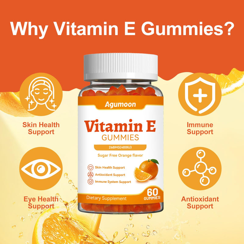 Vitamin E Gummies,400 IU Vitamin E Supplements for Women and Men | 268mg Vit E for Skin,Eye Health and Immune and Antioxidant support,Orange Flavor,60 Count