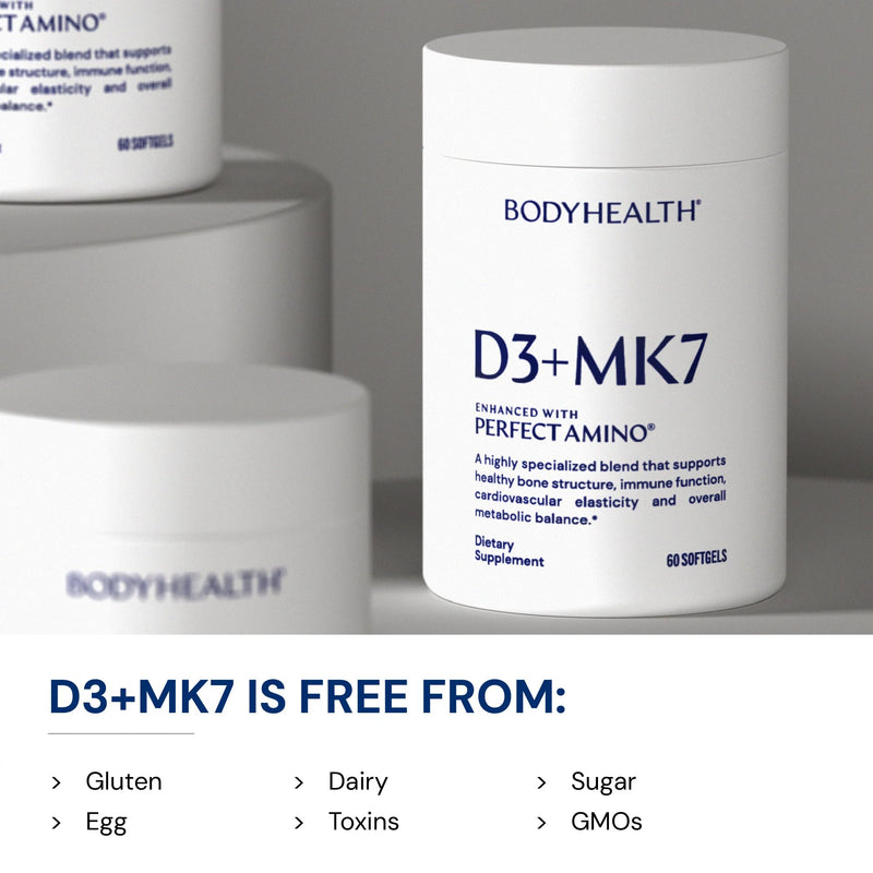 BodyHealth D3 + MK7 - Vitamin D3 5000IU, Vitamin K1, Vitamin K2 - Easy to Swallow Supplement, Supports Bone Strength & Calcium Absorbtion* - 60 Softgels