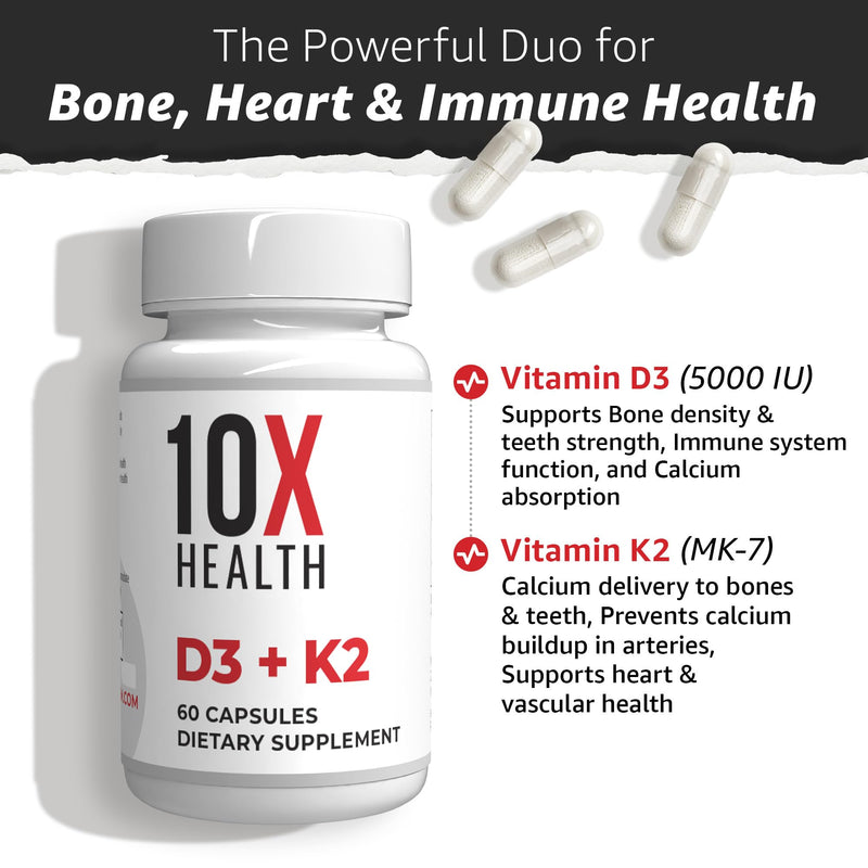 10X Health Vitamin D3 K2-60 Capsules | Vitamin K2 Mk7: 5000 IU Vitamin D3, Bone, Heart & Teeth Support, 60 Capsules 60 Count (Pack of 1)