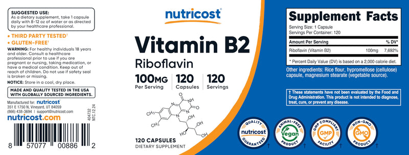 Nutricost Vitamin B2 (Riboflavin) 100mg, 120 Capsules - Gluten Free and Non-GMO (Pack of 2)