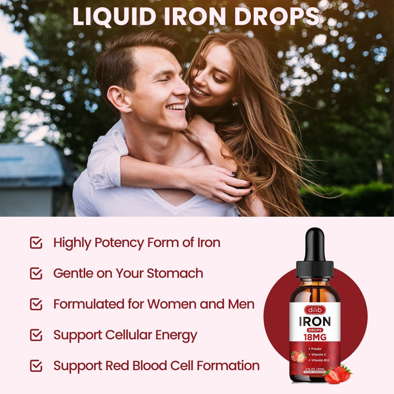 Liquid Iron Supplement for Women & Men Iron Drops Iron Supplements for Anemia with Folate, Vitamin C, B12 for Red Blood Cell Support-Strawberry, 2 Fl Oz Strawberry 2 Fl Oz (Pack of 1)