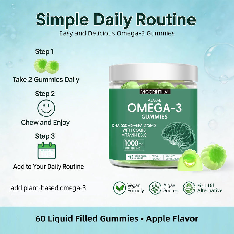 Vegan Omega-3 Algae Oil Supplement with DHA 300mg & EPA 150mg, Plant-Based Omega-3 with Vitamin D3 & K2, Fish-Free Algal Oil Softgels for Men & Women, 2 Pack, 120 Softgels, 60 Day Supply 60 Count (Pack of 2)