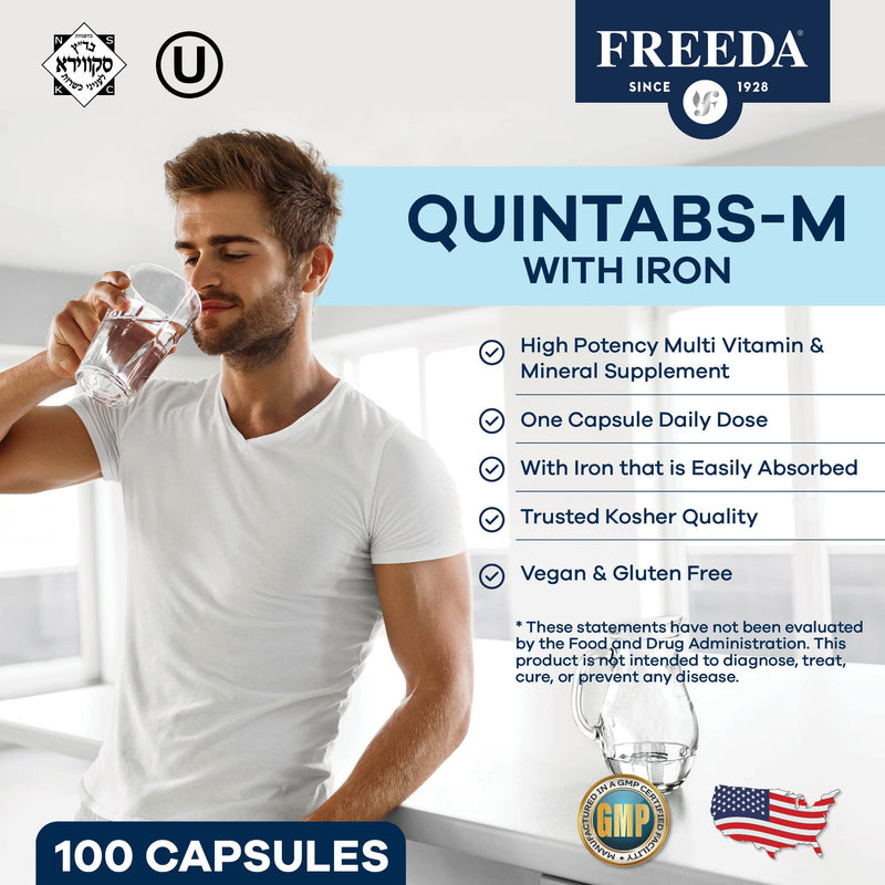 FREEDA Multivitamin – Quintabs-M with Iron – Kosher Multi Vitamins Supplements for Women Health - Multivitamins for Women & Iron-Deficient Men Adult Vitamins Multivitamin (100) | Kosher Multivitamin with Iron Formulated for Women & Men - Supporting Dai...