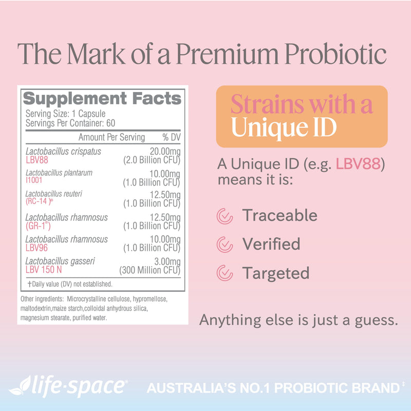Life-Space Vaginal Probiotic Women's Microflora pH Balance ClinicallyTested | 60-day supply, probiotics for women, 6.3B CFU 6 strains, healthy odor, yeast, discharge, Lactobacillus rhamnosus GR-1, RC-14 A- Women's Vaginal Probiotic 60 Count (Pack of 1)