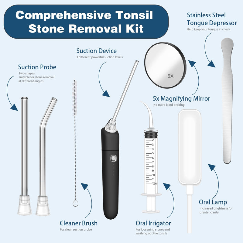 Electronic Vacuum Tonsil Stone Remover - Tonsil Stone Removal Kit - Free Instant Suction - Include Oral lamp, Oral Irrigator, 5X Magnifying Mirror, Instant Suction Tonsil Stone Removal Tool (Black) Black - BeesActive Australia
