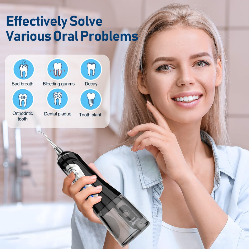 Flosser Cordless for Teeth Pick Cleaning - Powerful Oral Irrigator with 6 Adjustable Modes,320ML Portable & Rechargeable IPX7 Waterproof Cleaner Picks for Home Travel (Black)