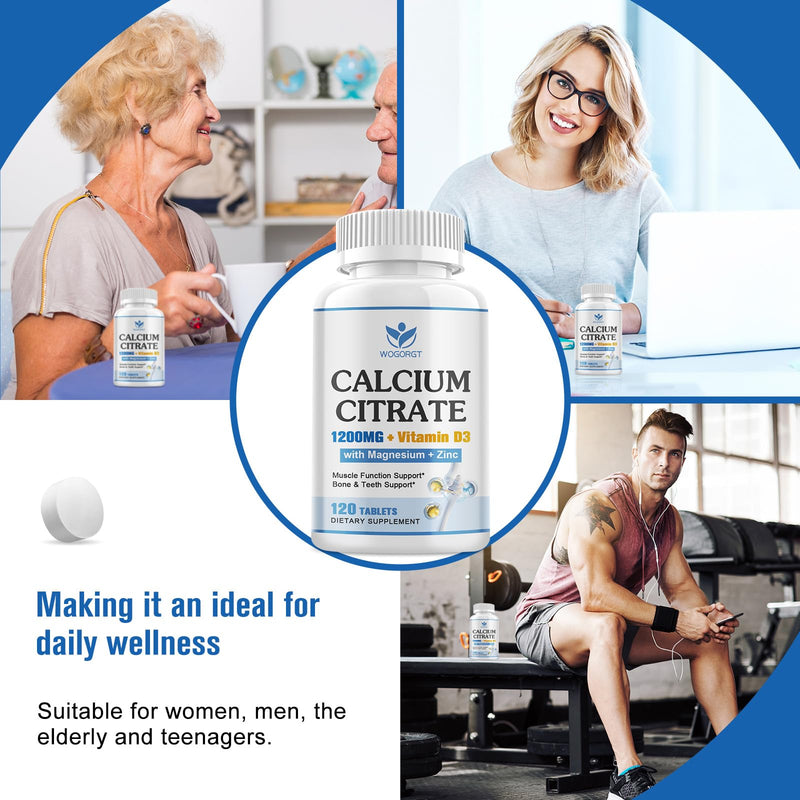 Calcium Citrate 1200mg Supplement with Vitamin D3 for Women & Men, 120Ct | WOGORGT - Calcium Citrate Tablets with Magnesium, Zinc, D3 Supplement, Bone, Teeth, Immune Support for Women & Men, Vegan 120 Count (Pack of 1)