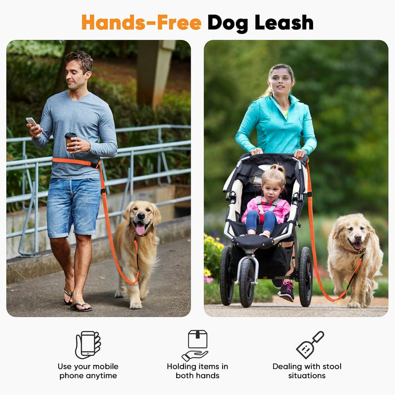 Petbobi Hands Free Dog Leash - Durable Bungee Leash with Padded Handles, Adjustable Waist Belt with Reflective Stitches for Running Walking Jogging Hiking, Fit for Small Medium Dogs, Orange, 5.5'-7' - BeesActive Australia