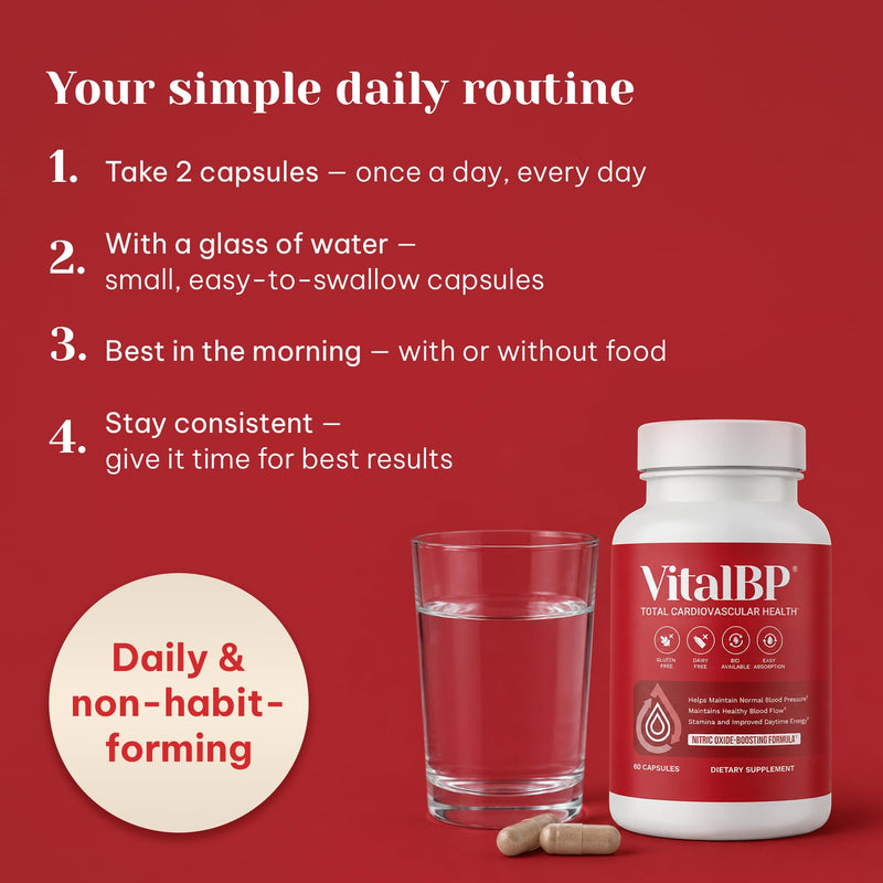 VitalBP Blood Pressure, Blood Flow & Artery Support, CoQ10, K2 & D3, 60Caps | With L-citrulline to support normal blood pressure, blood flow & artery health. 60 Count (Pack of 1)