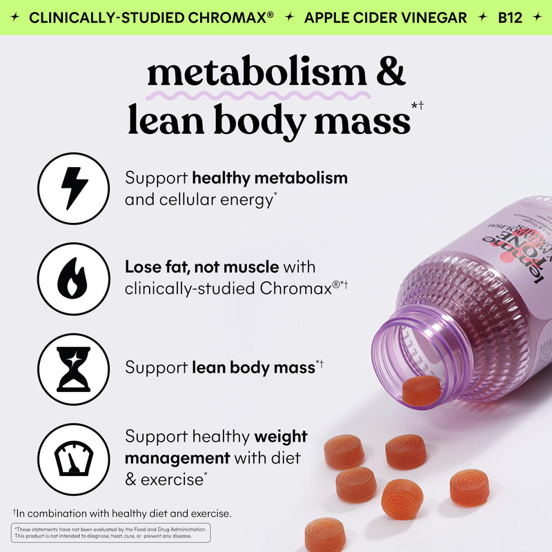 Lemme Tone Metabolism Gummies, Apple Cider Vinegar, Clinically Studied Chromium, B12, Ginger, Promote Lean Body Mass, Watermelon Apple Flavor (30 Day Supply) 60 Count (Pack of 1)