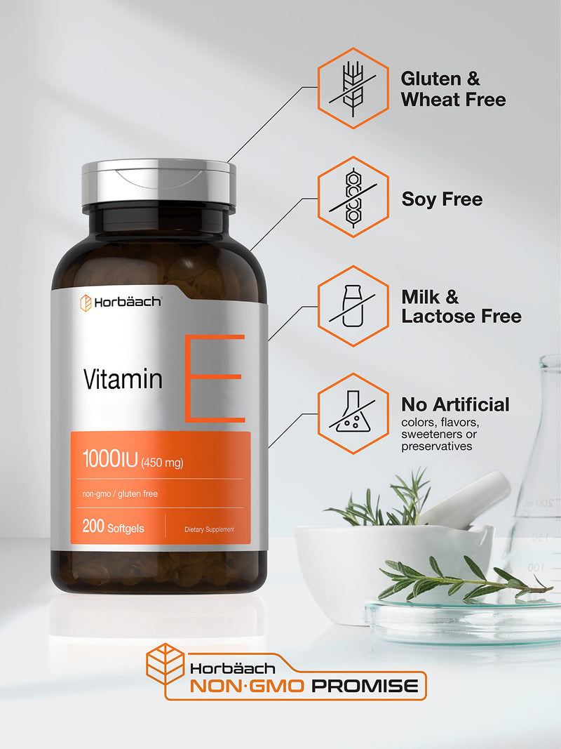Horbäach Vitamin E 1000 IU Softgel Capsules | 200 Count | Non-GMO, Gluten Free, Preservative Free | Vitamin E Oil - BeesActive Australia