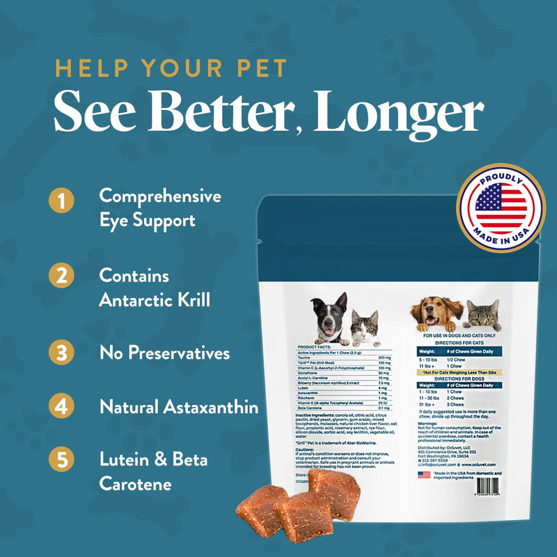 OcluVet Vision Chews Eye Supplements for Dogs & Cats, Natural Chicken Flavor, Contains Omega 3, Lutein, Antioxidants, & More, Cat & Dog Eye Supplements, No Preservatives, Made in USA, 1 Bag, 15 Chews 15 Chews – Bag