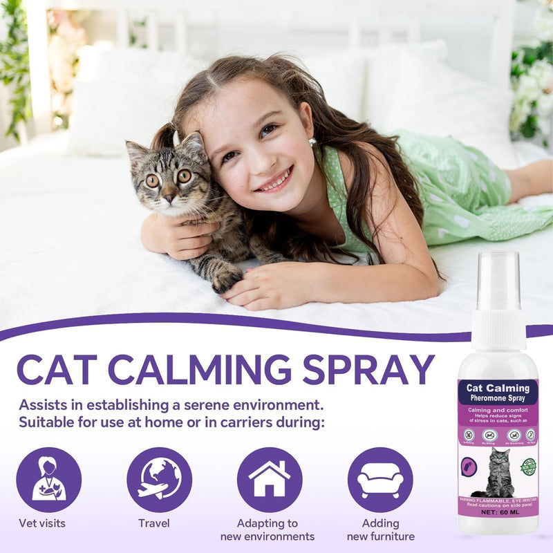 Cat Calming Spray with Pheromones – Anxiety & Stress Relief for Cats – Reduce Scratching Furniture, Urine Marking & Aggression – Calming Aid for Travel, Vet Visits & Home – 60-Day Supply (2 × 60 mL) Transparent