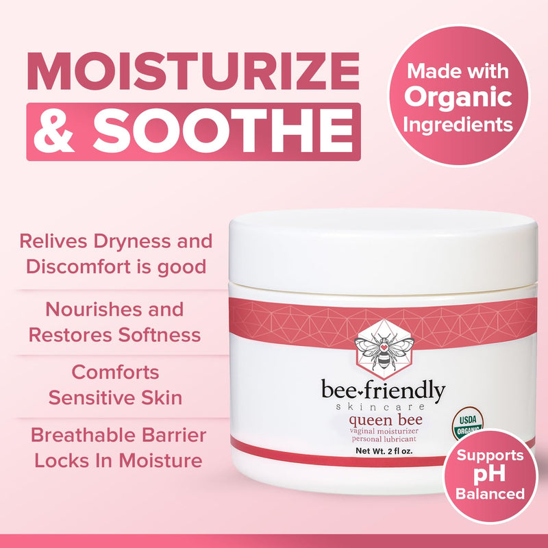 BeeFriendly Organic Vaginal Moisturizer, USDA Certified, Natural Vulva Cream For Dryness, Itching, Irritation, Redness, Chafing Of Vagina Due To Menopause & Thinning 2 oz 2 Ounce (Pack of 1)