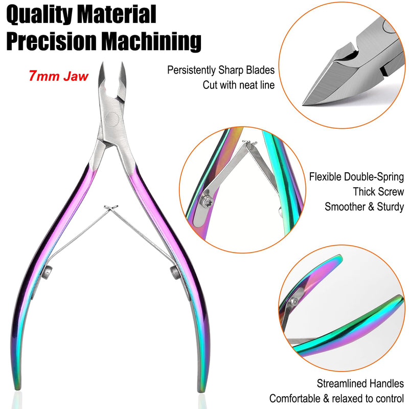 LePinko Professional Cuticle Trimmer with Cuticle Pusher, Super Labor-saving Dead Skin Nippers, Sharp Hangnail Remover for Fingernail Toenail, Pedicure Manicure Nail Care Tool for Women Men, 7mm Jaw Rainbow Color - BeesActive Australia