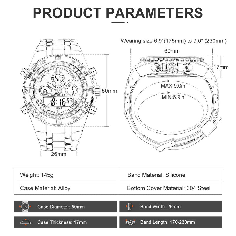 GOLDEN HOUR Luxury Military Sports Men's Watches Large Size Big Face 3ATM Waterproof, Stopwatch, Date and Date, Alarm, Luminous Digital Analog Wrist Watch with Rubber Band silver blue