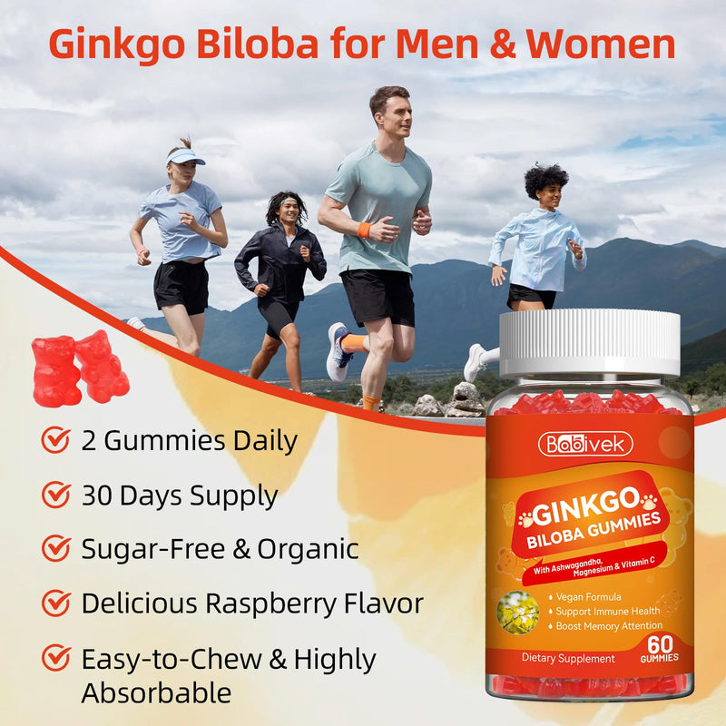 Ginkgo Biloba Gummies with Ashwagandha, Vitamin C & Magnesium - Vegan, Non-GMO, Gluten-Free - Raspberry Flavor, 60 Count