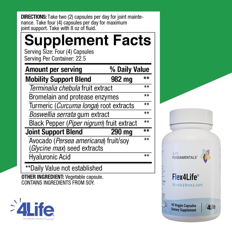 4Life Flex4Life Mobility Support with Turmeric Boswellia, 90 Capsules | Terminalia chebula, Hyaluronic acid, Flexibility, Muscle, Bone Support, Joint Support, Range of motion, Fluid balance