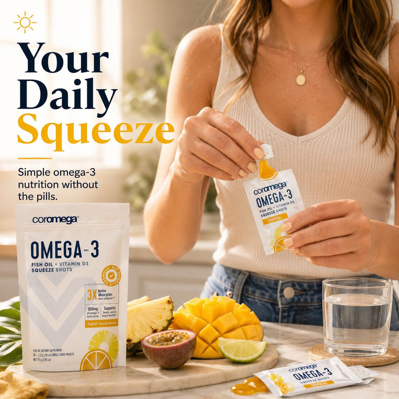 Coromega - Omega 3 Tropical Flavor - 30 Packets - 650mg | 3X Better Absorption Than Softgels, Tropical Flavor, Single-Serve Squeeze Shots, No Fishy Aftertaste, Easy To Enjoy 30 Count (Pack of 1)