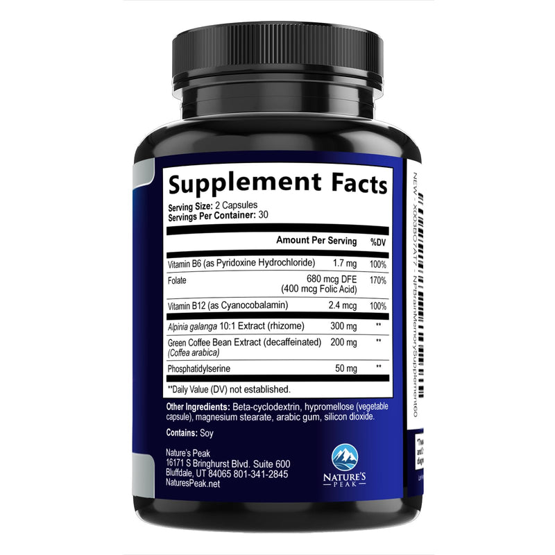 Brain Memory Supplement Pills - 3X Strength Nootropics for Concentration, Clarity & Focus Support - Brain Health Cognitive Vitamins B6 B12 with Folate & Phosphatidylserine, Brain Booster, 60 Capsules 60 Count (Pack of 1)