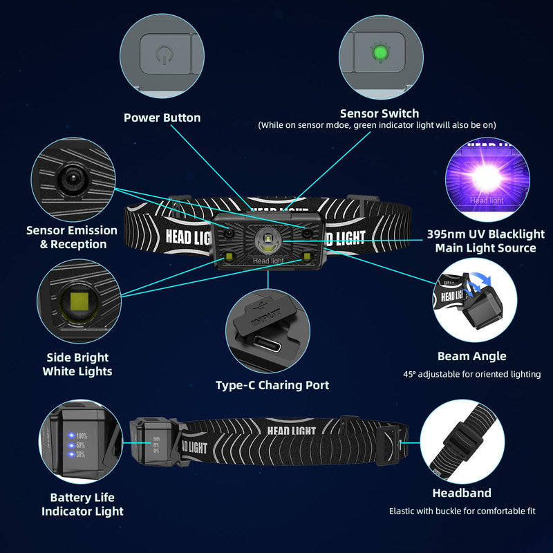 SEVENKA 2 UV Headlamp Flashlight Black Light, Rechargeable LED Hand Free Mini UV Blacklight 395nm Head Light with White & Ultraviolet Light, Detector for Pet Dog/Cat Urine Stains,Bed Bug,Scorpions - BeesActive Australia