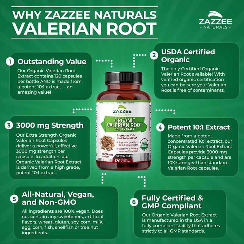 Zazzee USDA Organic Valerian Root 10:1 Extract, 3000 mg Strength, 120 Vegan Capsules, 4 Month Supply, Valeriana officinalis, 10X Potency, 100% Vegetarian, All-Natural, Non-GMO, Made in The USA - BeesActive Australia
