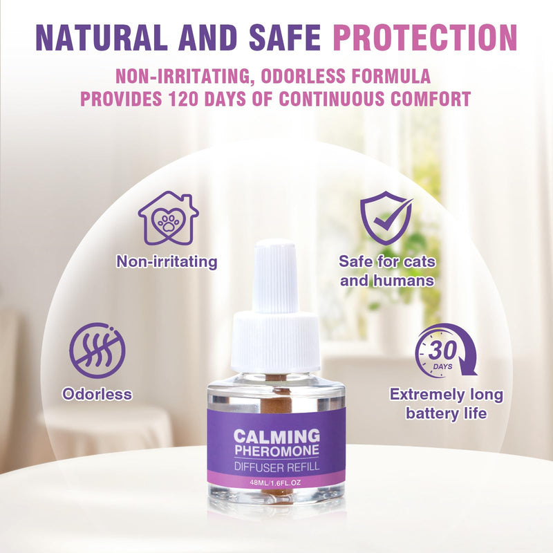 Cat Calming Pheromone Diffuser Refills 4 Pack Anxiety and Stress Calming for Cats Reduce Inappropriate Peeing and Spraying Fragrance Free for Bedroom Bathroom Reduces Conflict in Multi-Cat Households Purple